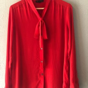 Tomato red Banana Republic pussy-bow blouse